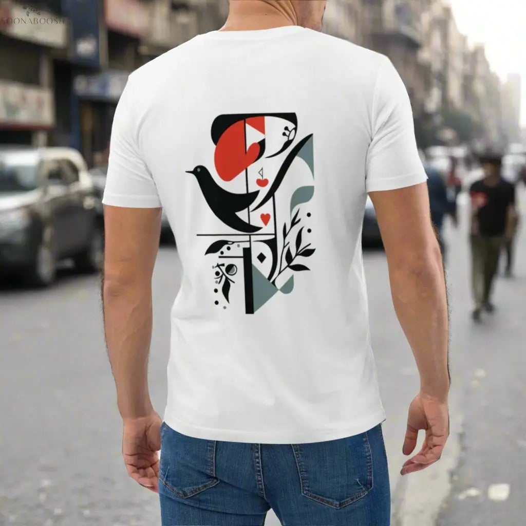 The back of the solidarity t-shirt, featuring symbols of Palestinian heritage: an olive branch for rootedness, a heart for love, and a dove of peace.